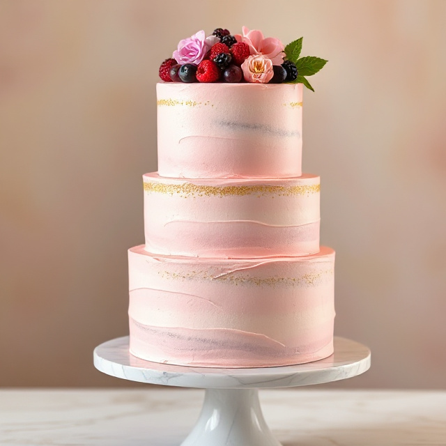 AI generated three-tier celebration cake with pink frosting and flowers